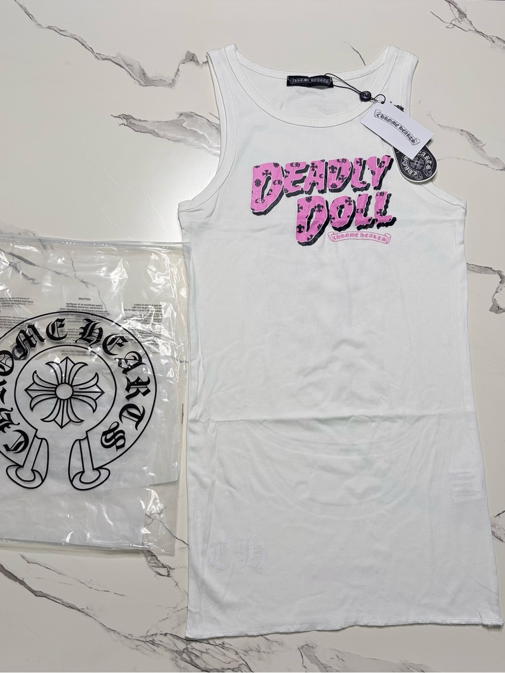 Chrome Hearts White Tank Top with Pink "Deadly Doll" Graphic